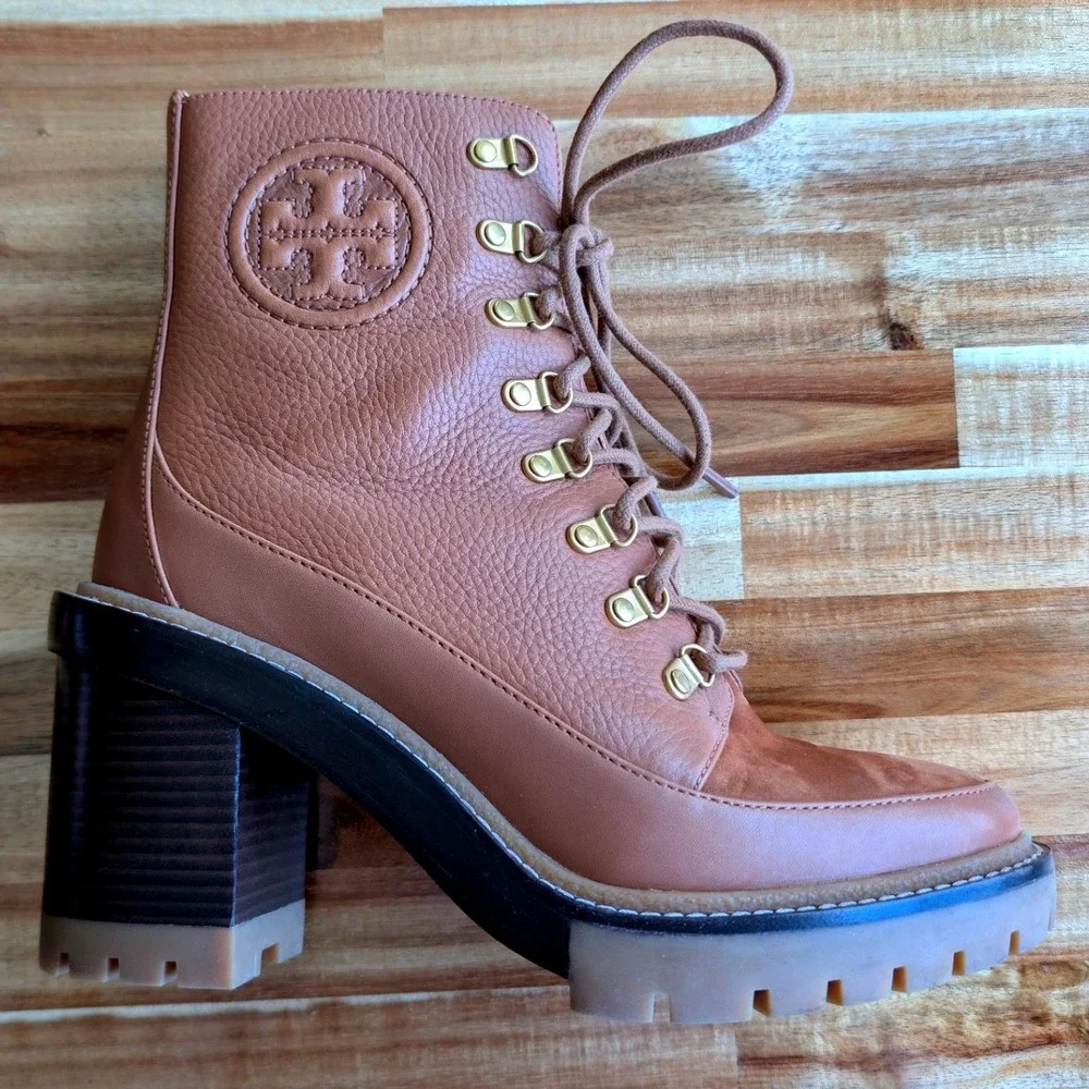 Tory Burch Miller Lug Sole Ankle Boots Brown Pebbled Leather Tan‎ Size 7.5